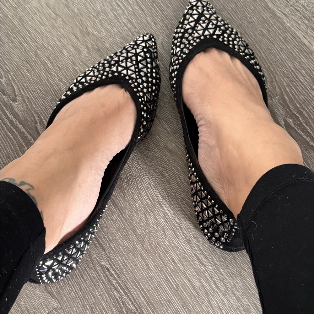 Unbranded Black Rhinestone Studded Pointed Toe Ballet Flats Size 9.5